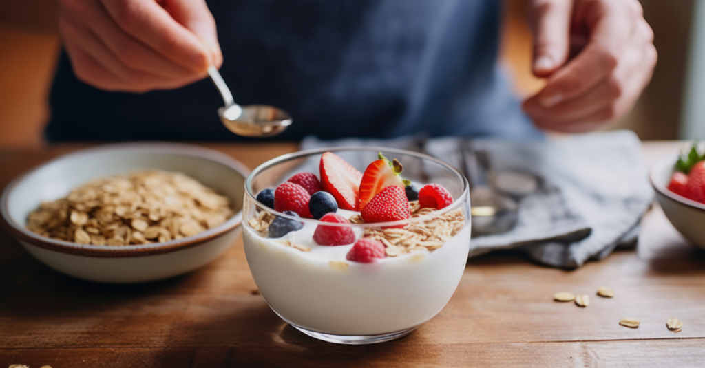 The yogurt and grains shown in this image are some of the nutrient-dense processed foods available to consumers.