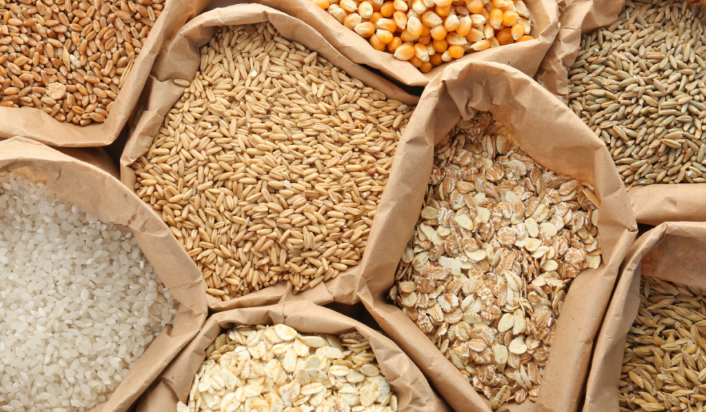 Bags of grains are shown in this image, representing how fortified grains play a major role in nutrition through food processing.